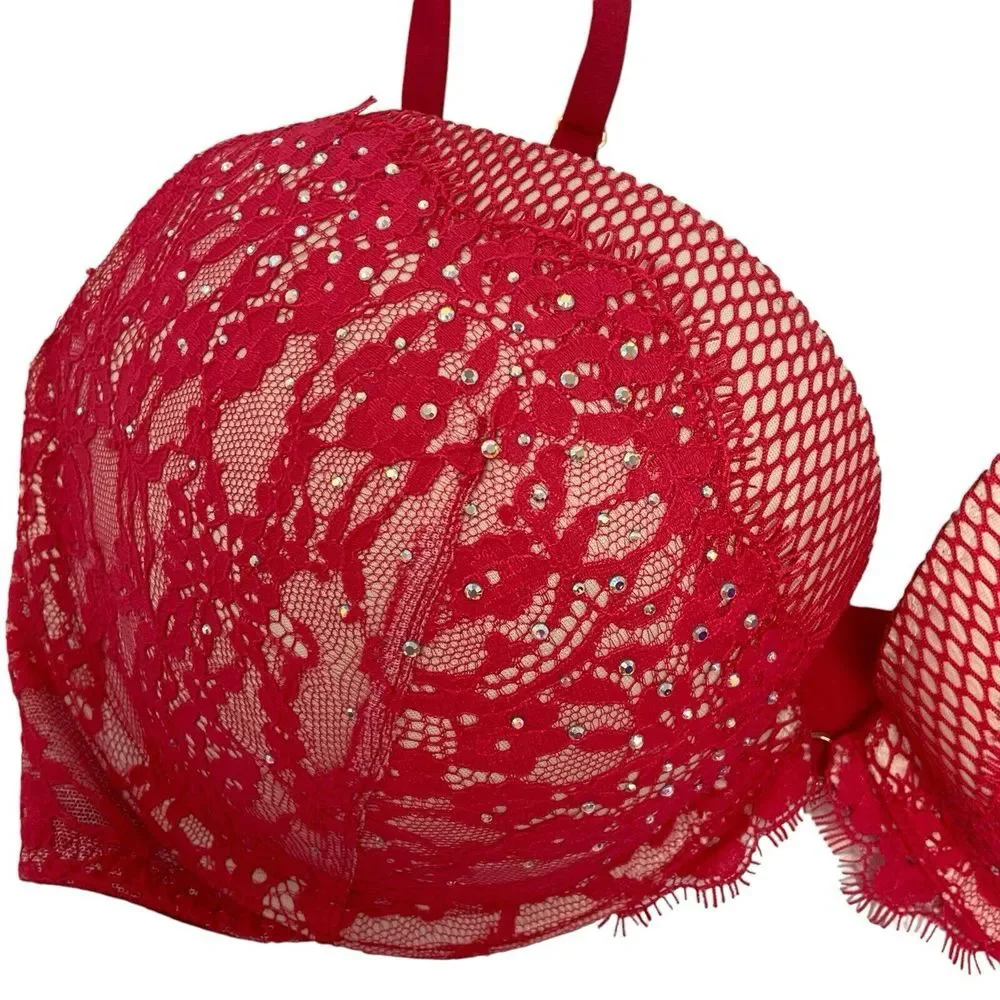Victoria's Secret Very Sexy Hot Pink Push Up 34DD Bra Fishnet‎ Lace Bling READ